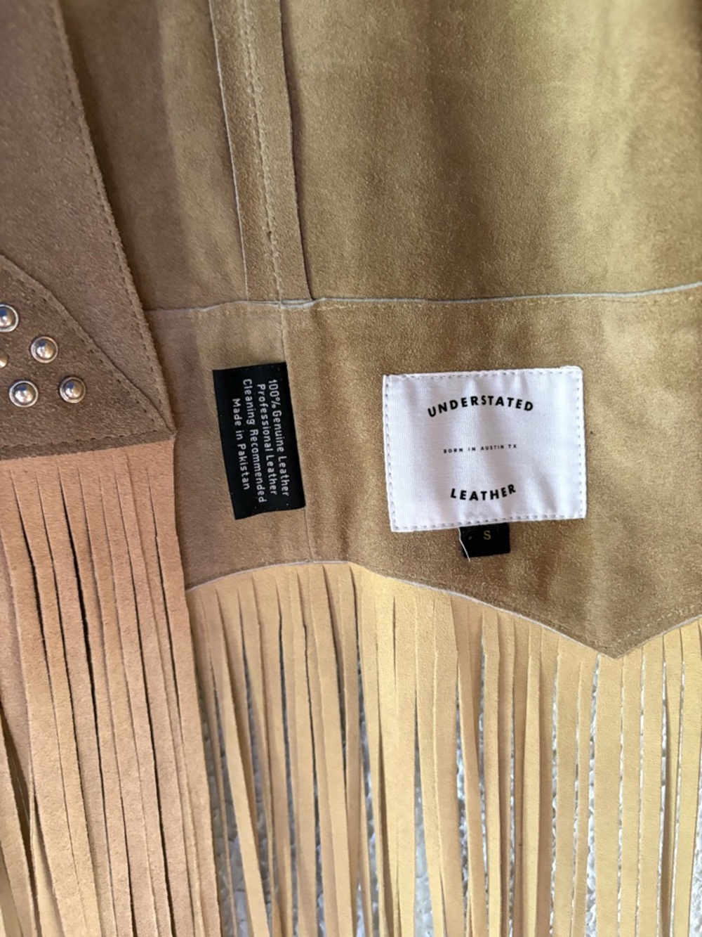 Fringed Suede Vest in Beige with Stud Detail - Picture 3 of 5